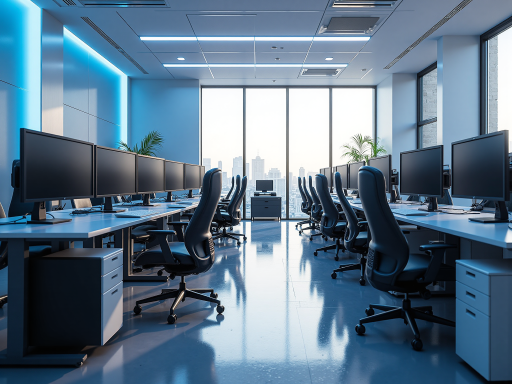 现代化办公环境展示，蓝色背景，高科技设备，团队协作场景，明亮自然光