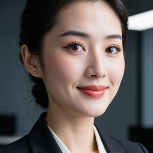 三十岁左右年轻女性头像，穿粉色衬衫，黑色外套，专业商务背景，亲和微笑表情